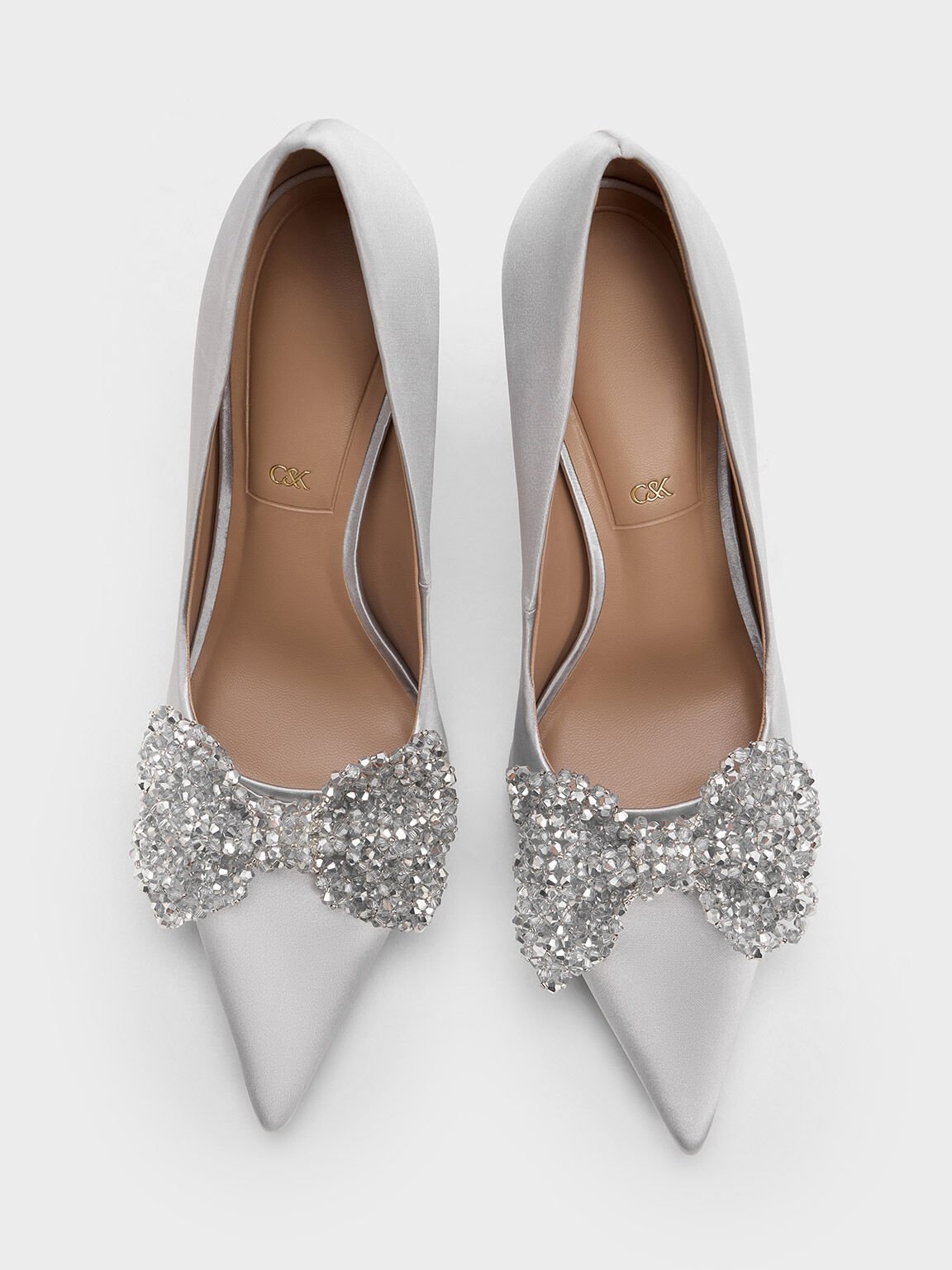 Sepatu Pumps Beaded Bow Recycled Polyester, Silver, hi-res