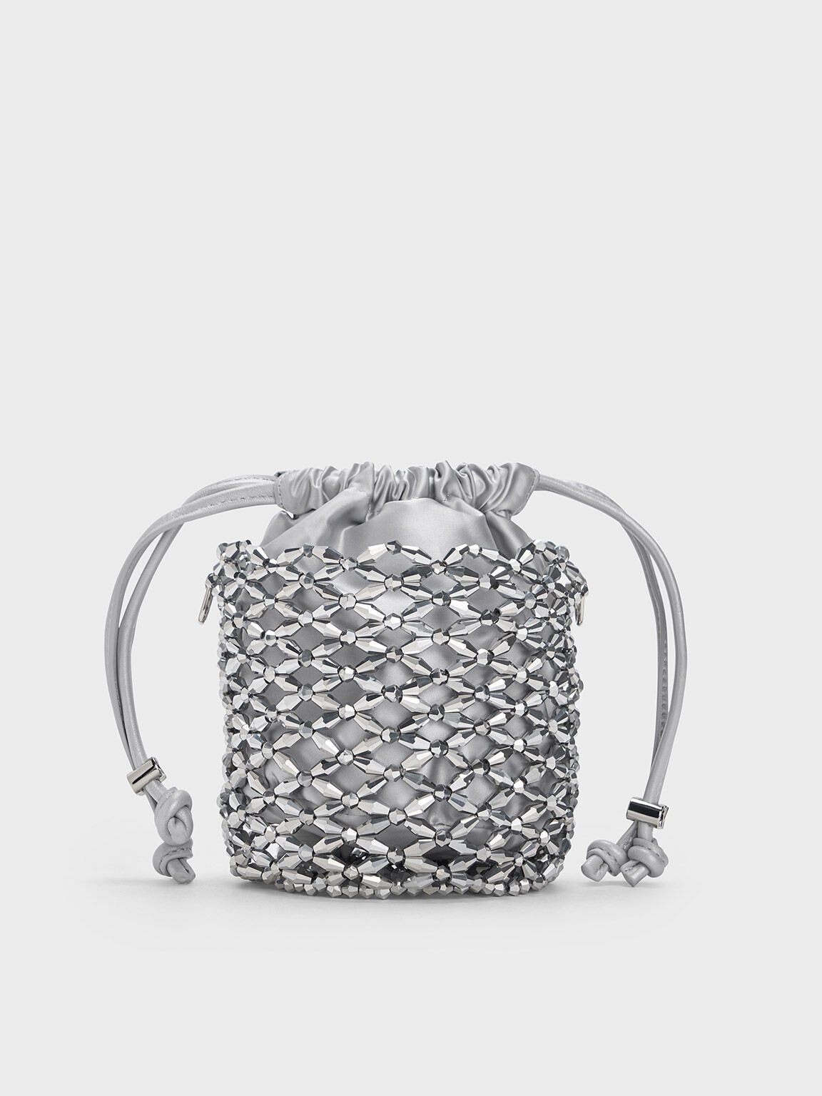 Tas Bucket Chain-Handle Beaded, Silver, hi-res