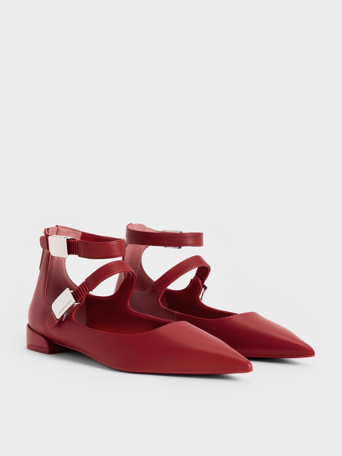 Sepatu Flats Mary Jane Pointed-Toe Robbie, Red, hi-res