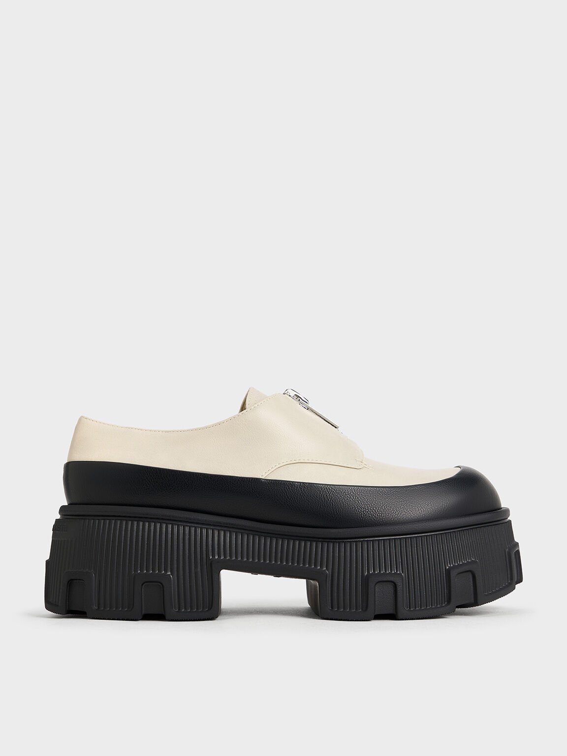 Two-Tone Zip-Up Platform Loafers, Chalk, hi-res