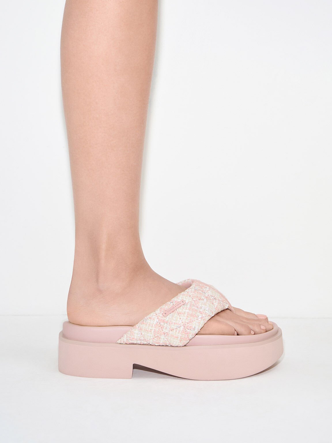 Sandal Thong Platform V-Strap Tweed, Light Pink, hi-res