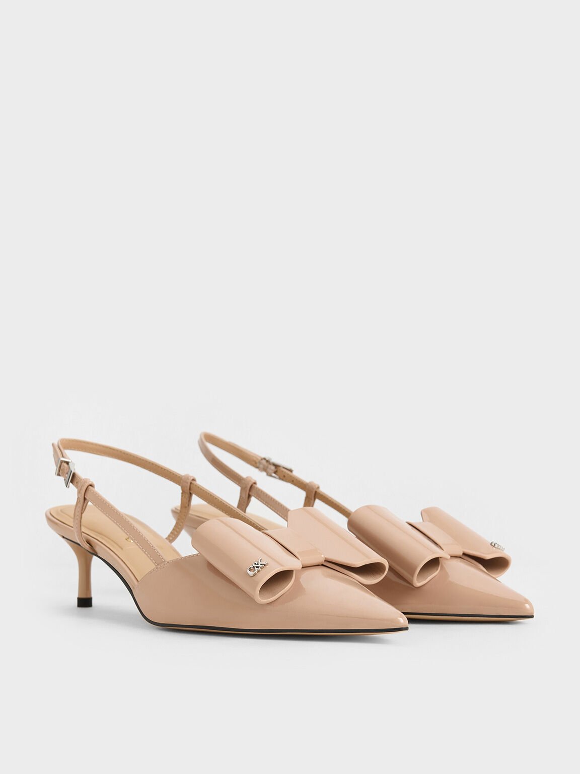 Sepatu Slingback Pumps Leather Bow Lu Patent, Nude, hi-res