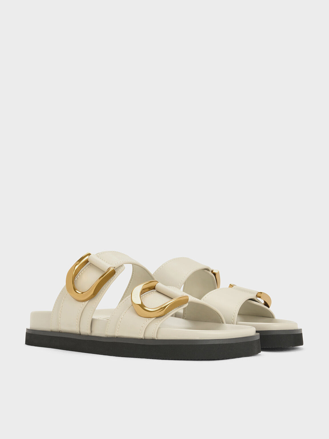 Sandal Slides Buckled Leather Gabine, Chalk, hi-res