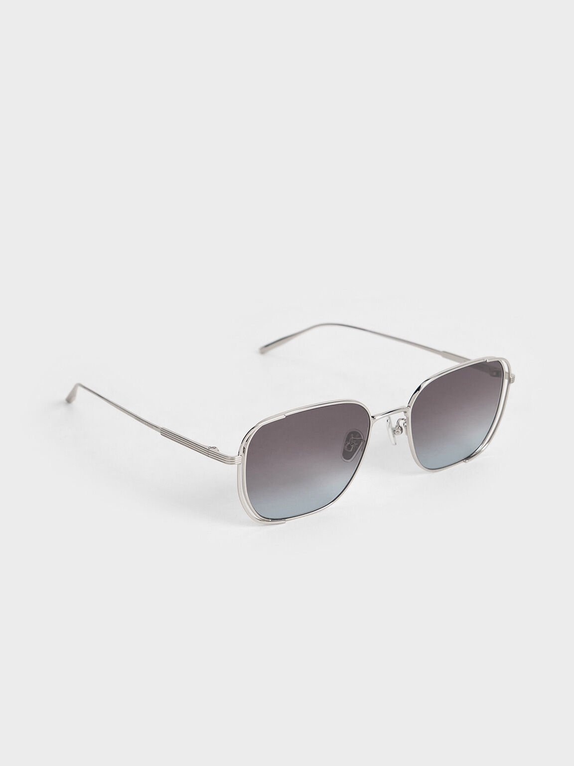 Metallic-Rim Rectangular Sunglasses, Silver, hi-res