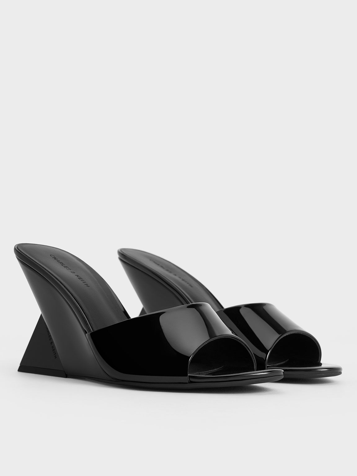 Patent Triangle-Heel Wedge Mules, Black Patent, hi-res