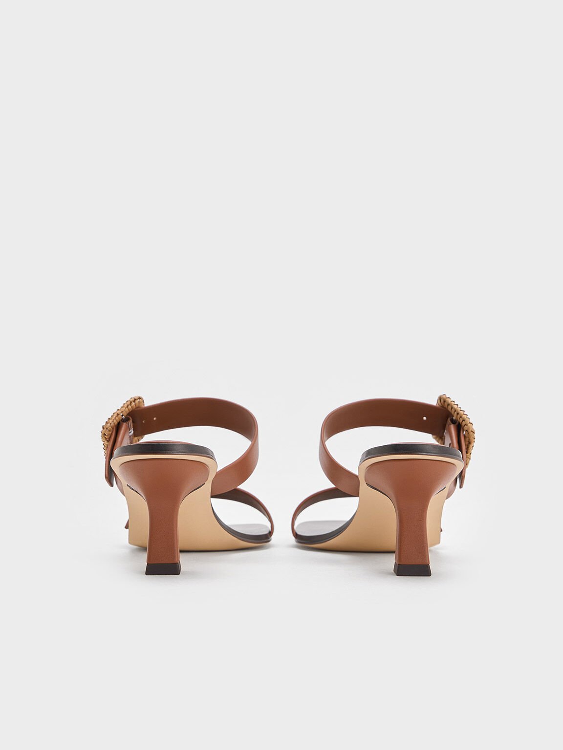 Sepatu Heeled Mules Woven-Buckle, Brown, hi-res