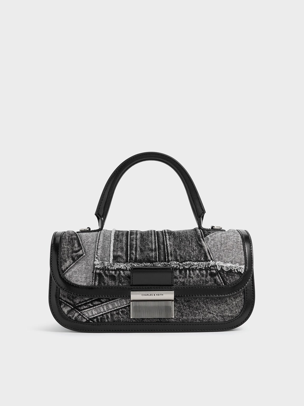 Tas Top Handle Elongated Patchwork Denim Charlot, Noir, hi-res