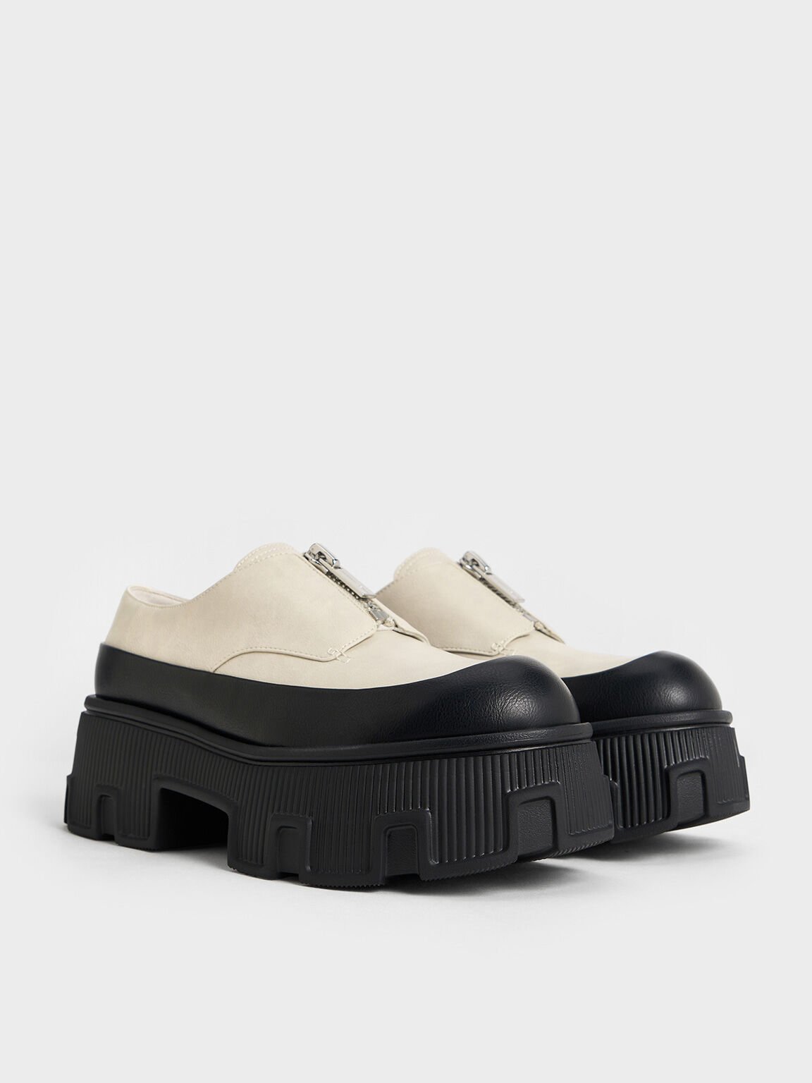 Sepatu Loafers Platform Zip-Up Two-Tone, Chalk, hi-res