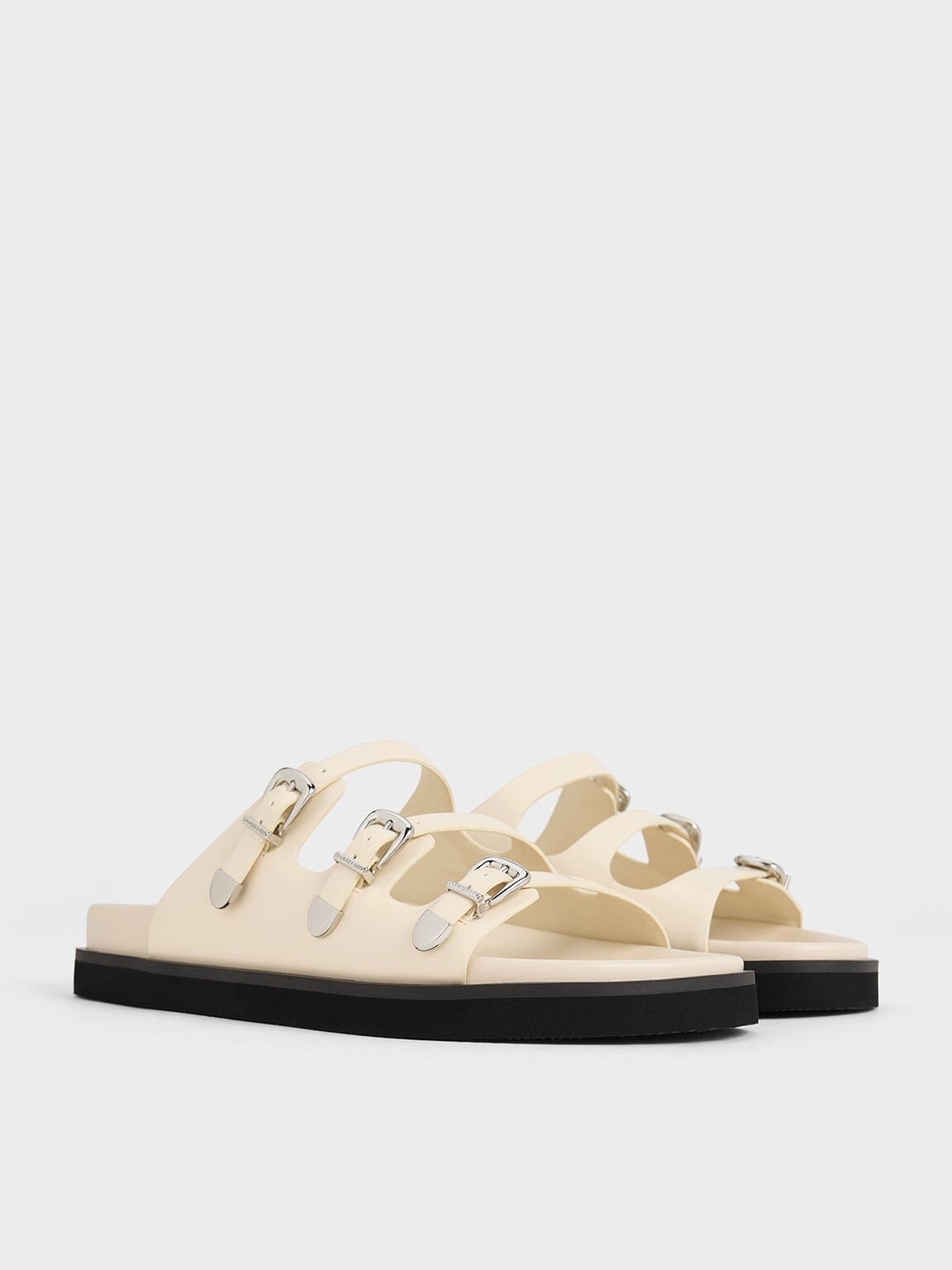 Buckled Triple-Strap Sandals, Chalk, hi-res