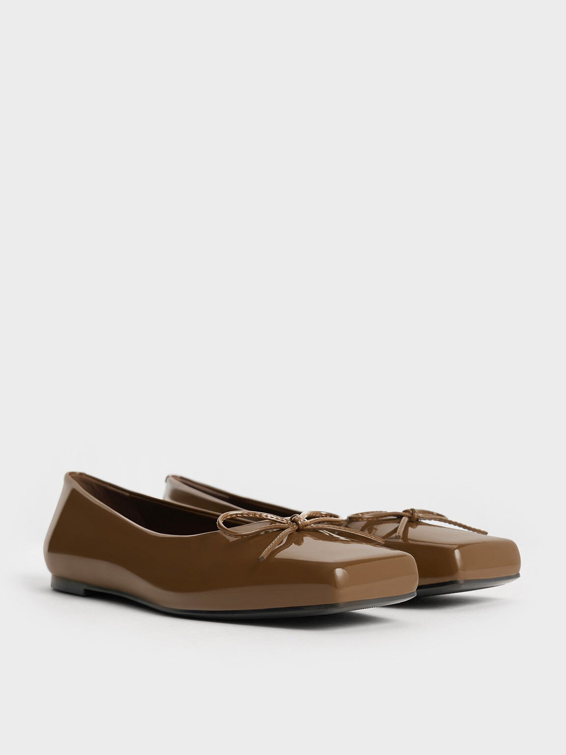 Square-Toe Bow Ballet Flats, Brown, hi-res