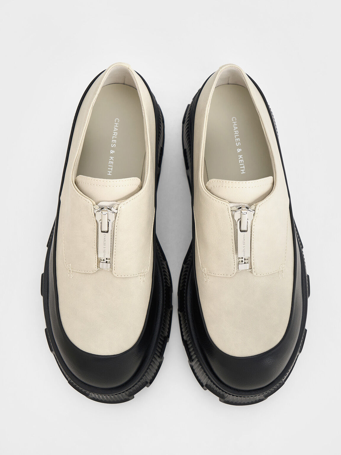 Two-Tone Zip-Up Platform Loafers, Chalk, hi-res