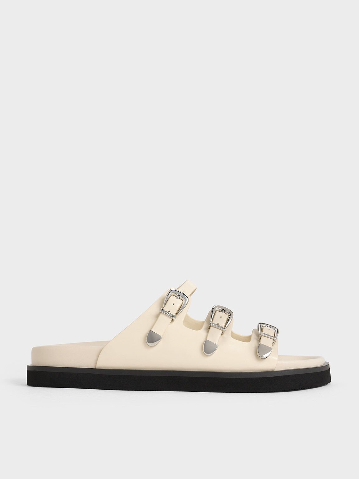 Buckled Triple-Strap Sandals, Chalk, hi-res