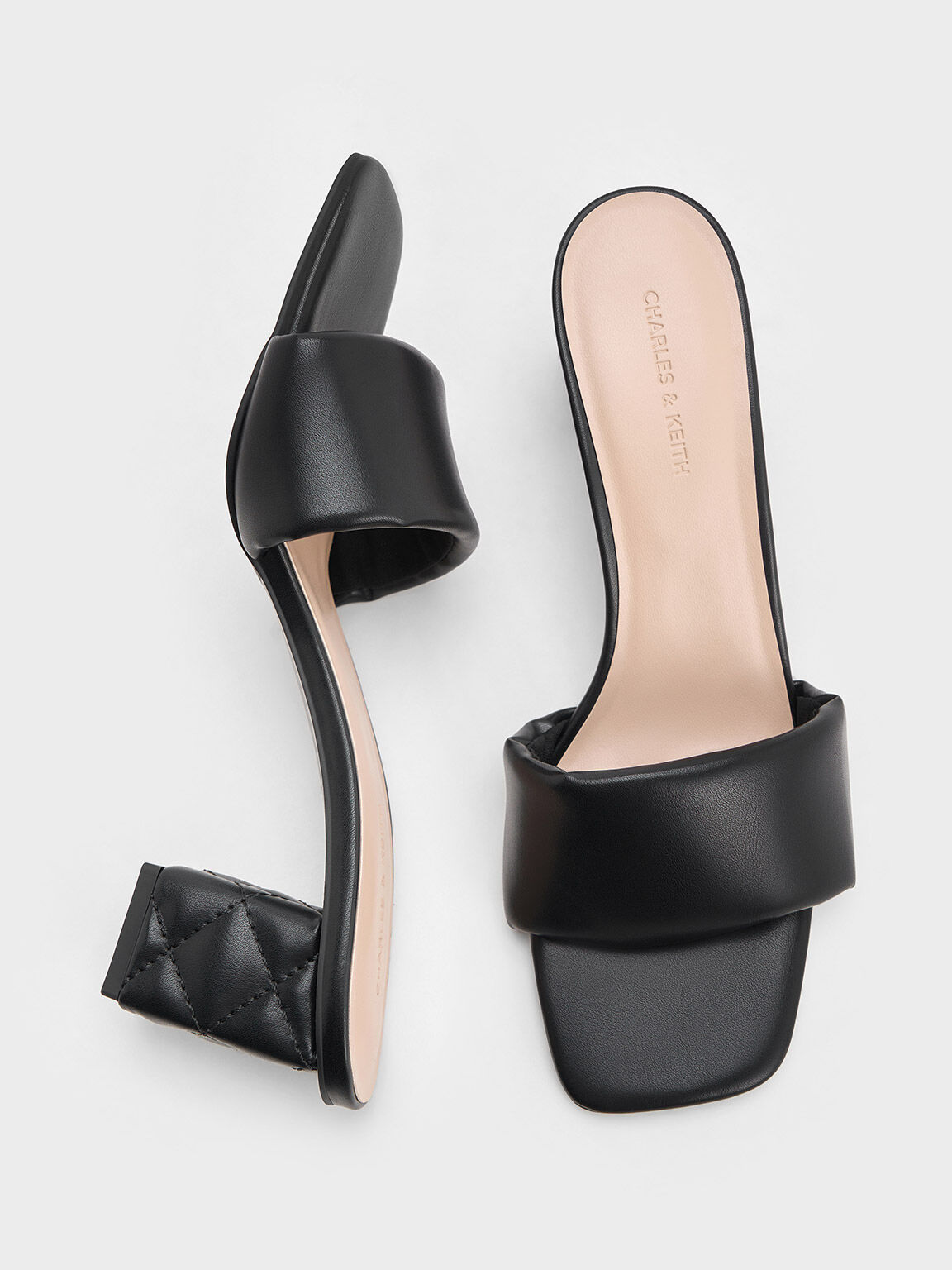 Sepatu Mules Quilted-Heel Puffy-Strap, Black, hi-res