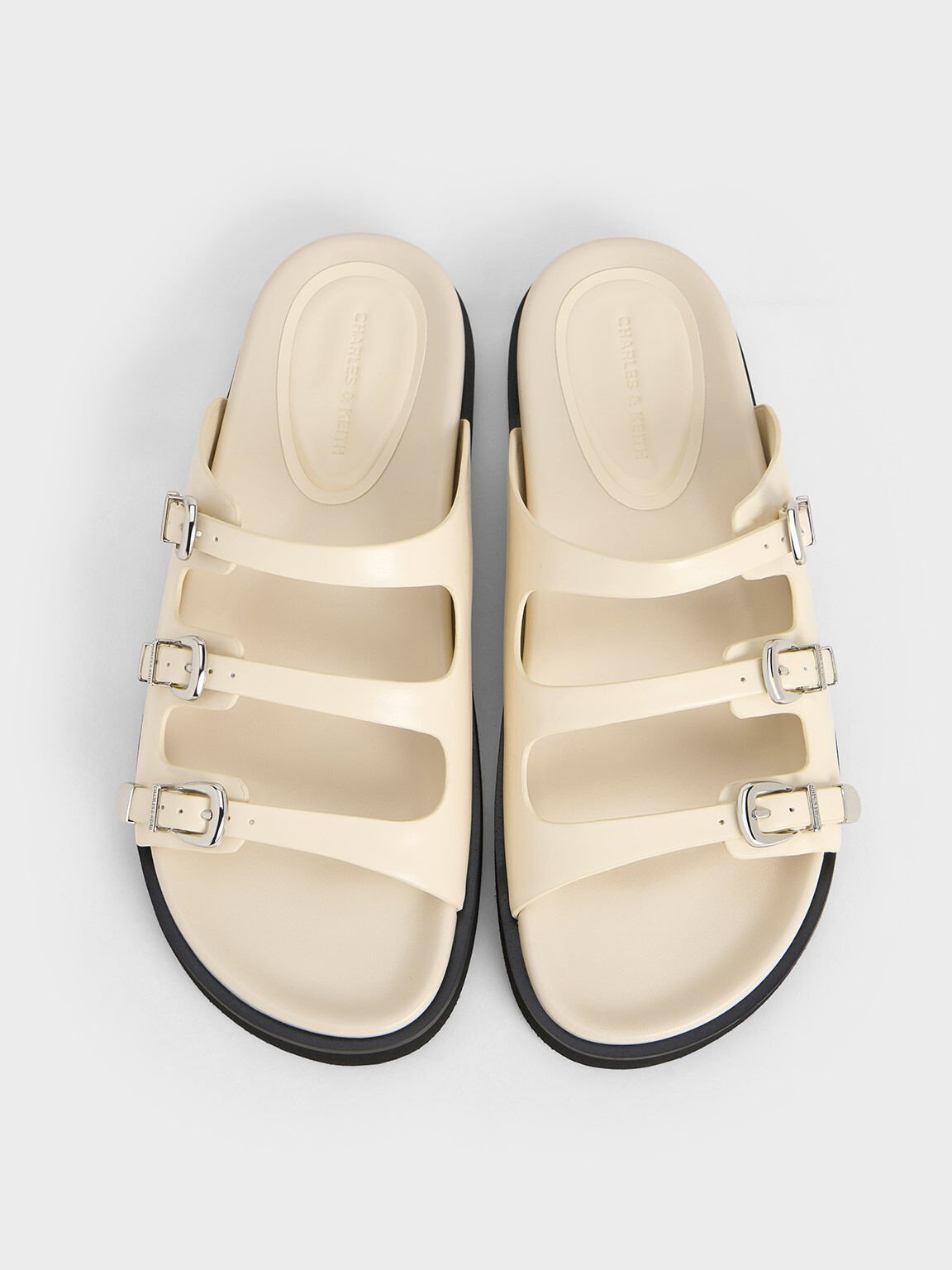 Buckled Triple-Strap Sandals, Chalk, hi-res