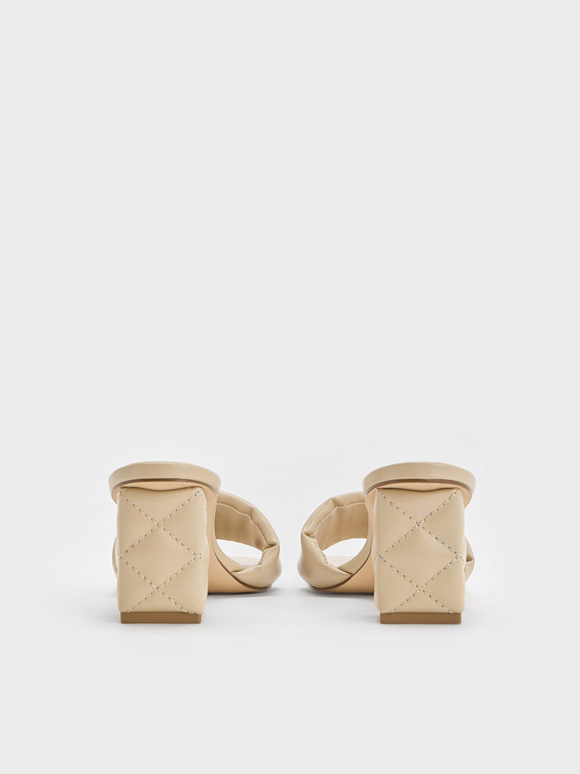 Sepatu Mules Quilted-Heel Puffy-Strap, Taupe, hi-res