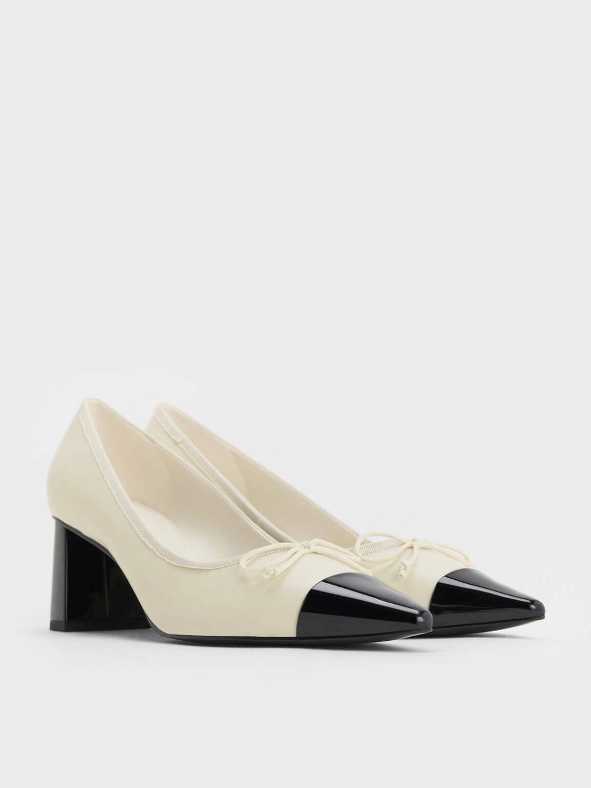 Bow Pointed Cap-Toe Pumps, Chalk, hi-res