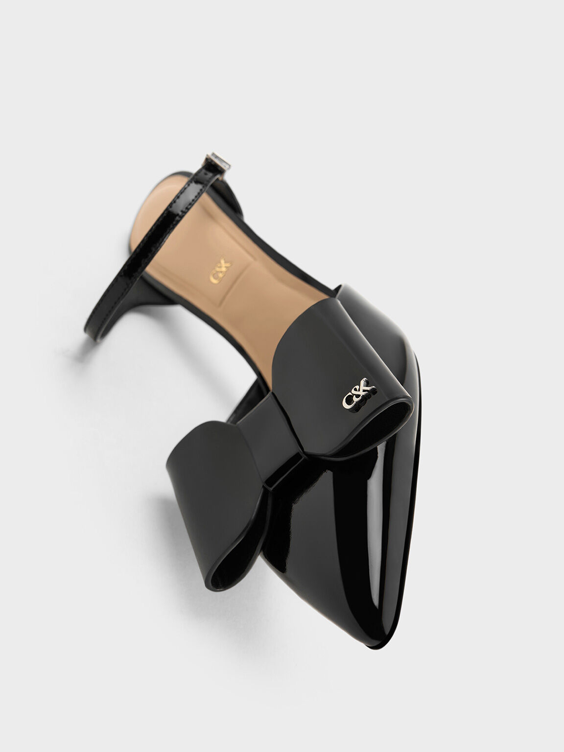 Sepatu Mules Bladed-Heel Leather Bow Lu Patent, Black Patent, hi-res