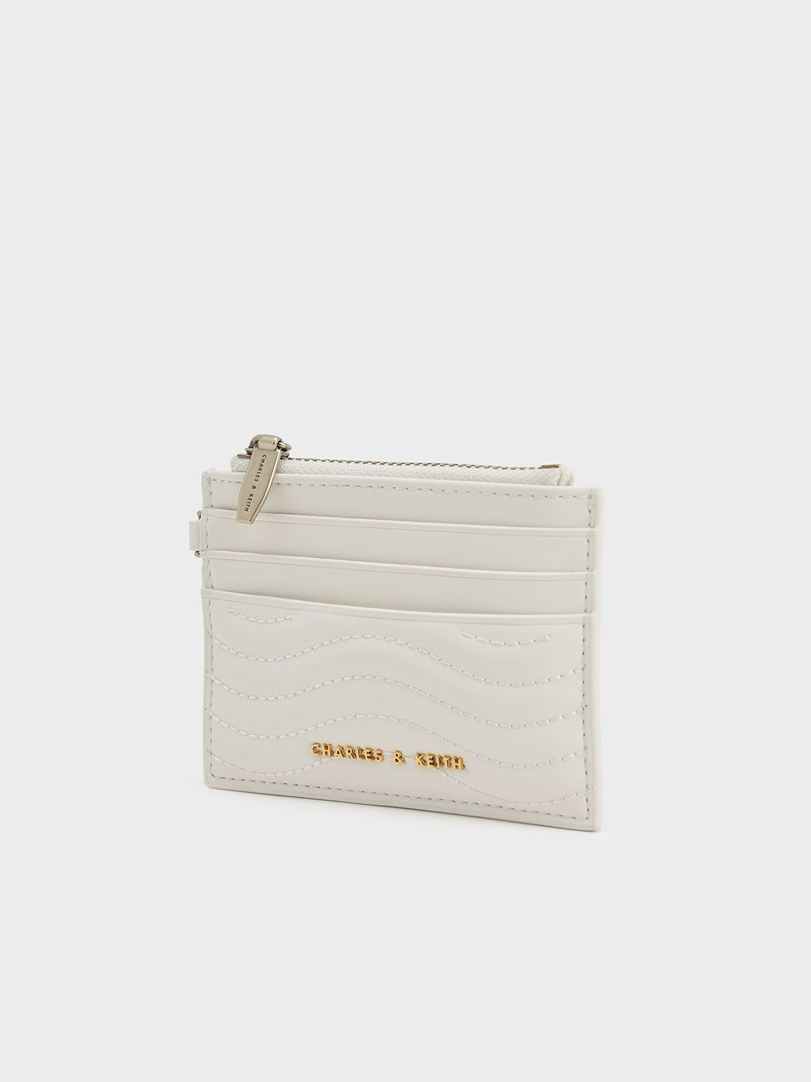 Aubrielle Stitch-Trim Zip Card Holder, Cream, hi-res