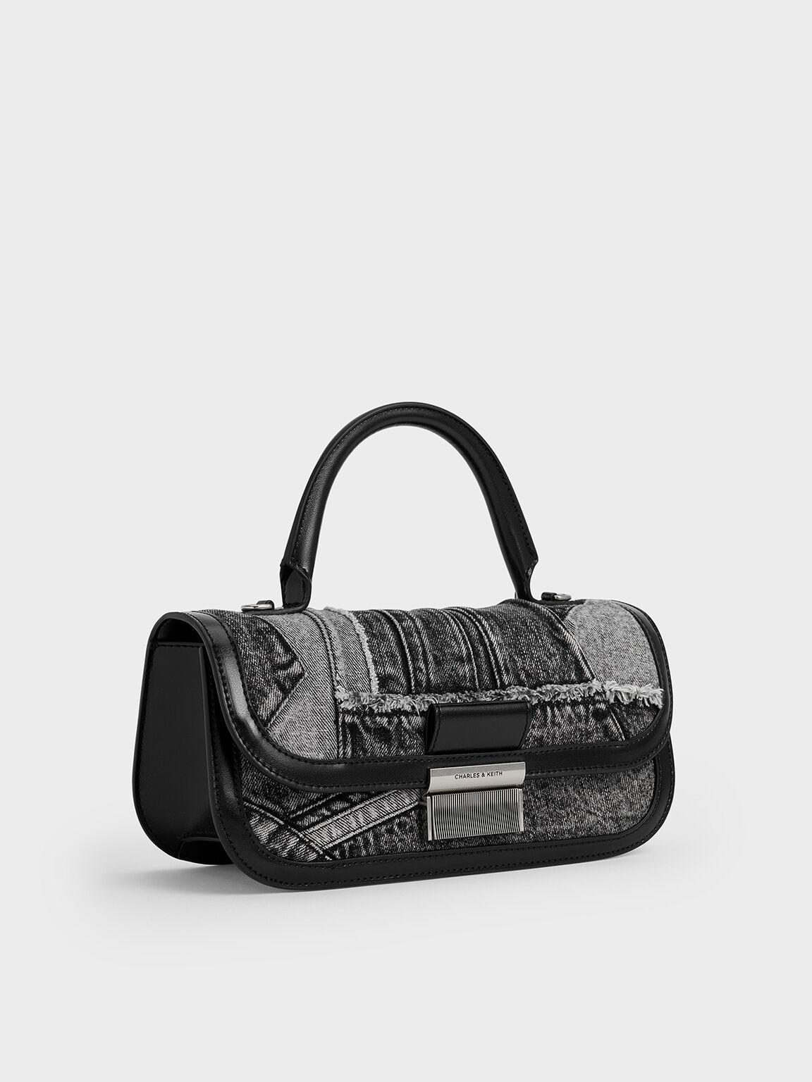 Tas Top Handle Elongated Patchwork Denim Charlot, Noir, hi-res