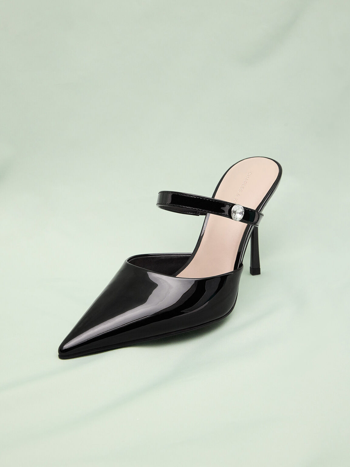 Sepatu Mules Stiletto-Heel Crystal-Accent Patent, Black Patent, hi-res