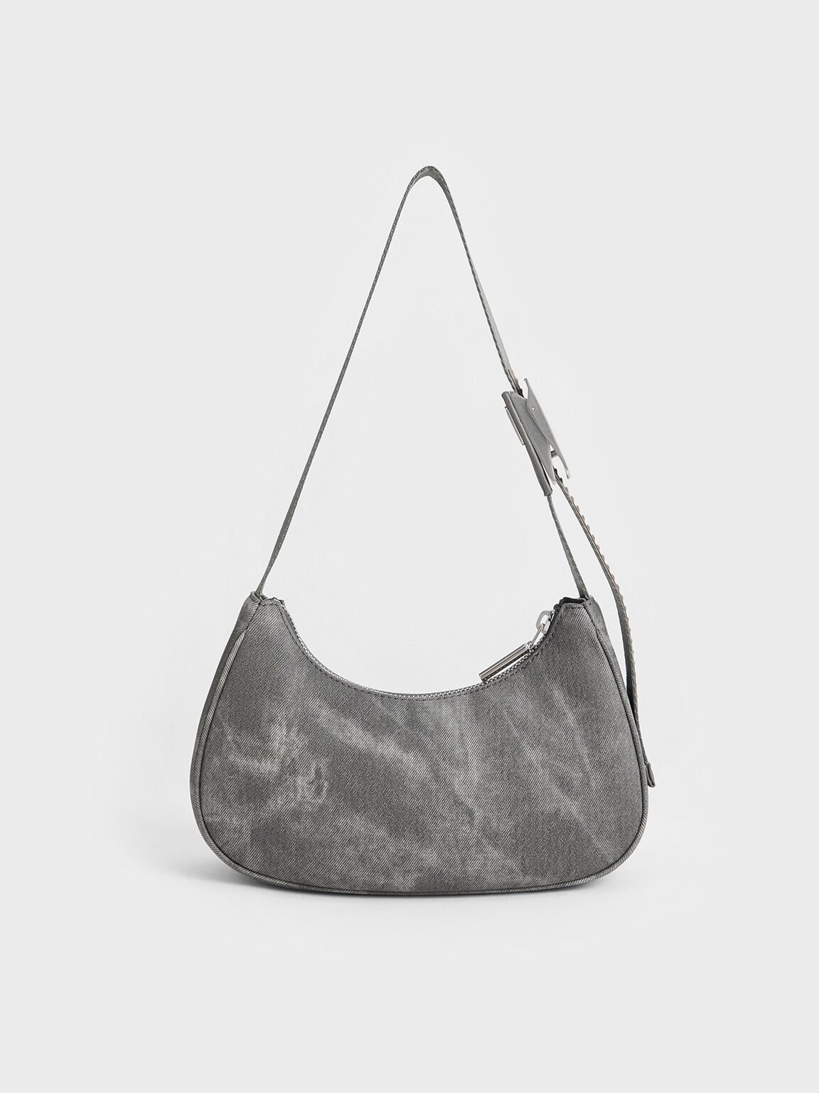 Tas Bahu Metallic-Accent Curved Denim, Dark Grey, hi-res