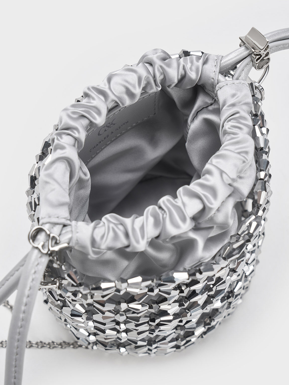 Tas Bucket Chain-Handle Beaded, Silver, hi-res