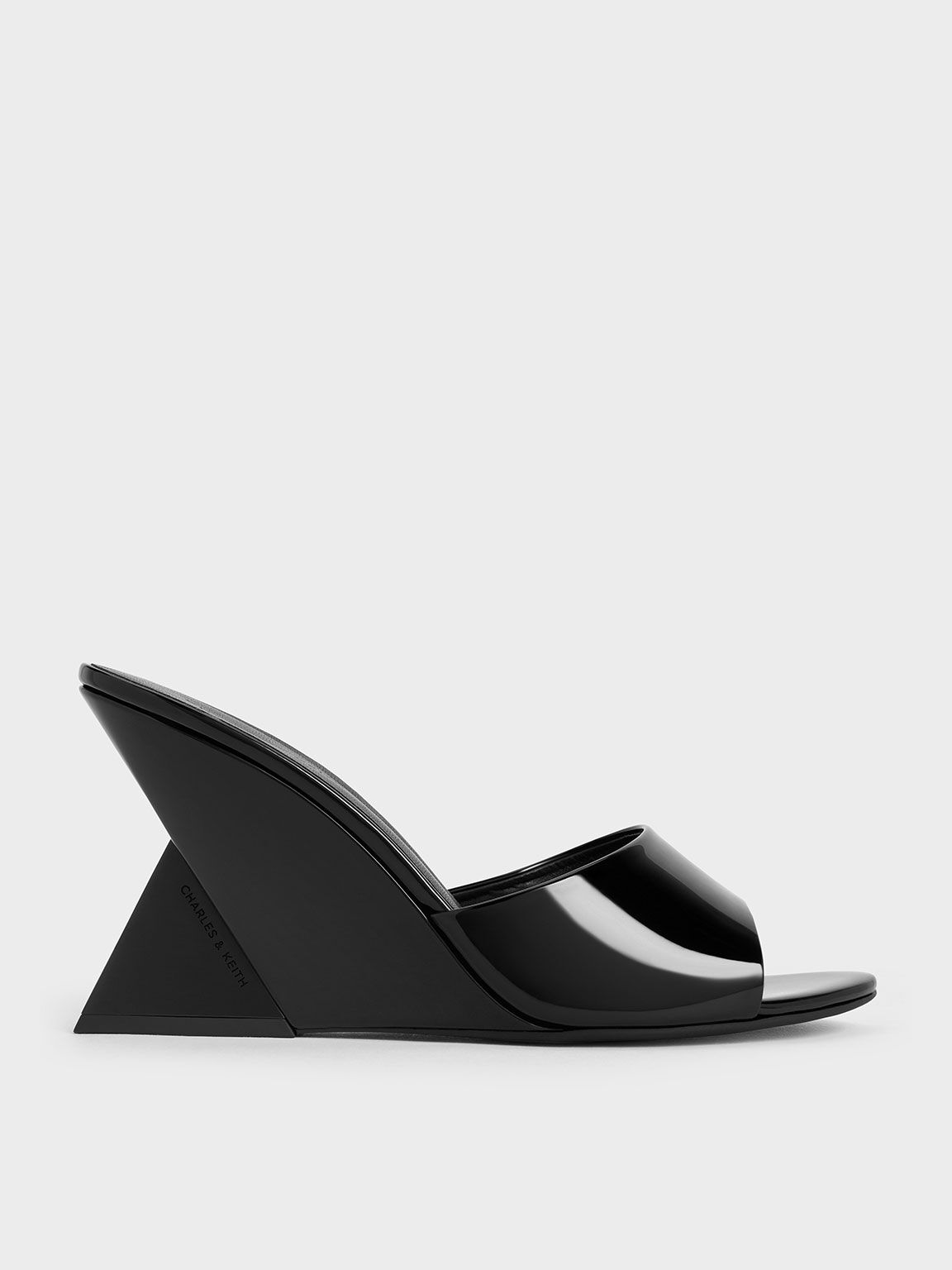 Patent Triangle-Heel Wedge Mules, Black Patent, hi-res