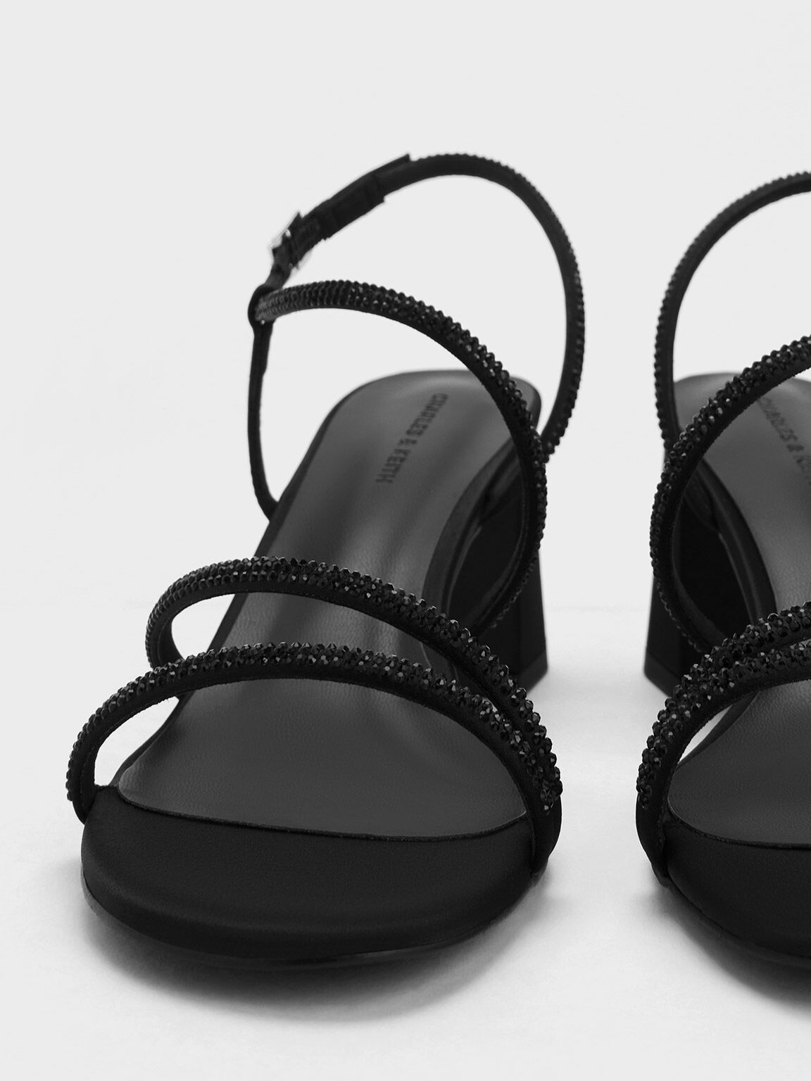 Sandal Strappy Satin Crystal-Embellished, Black Textured, hi-res