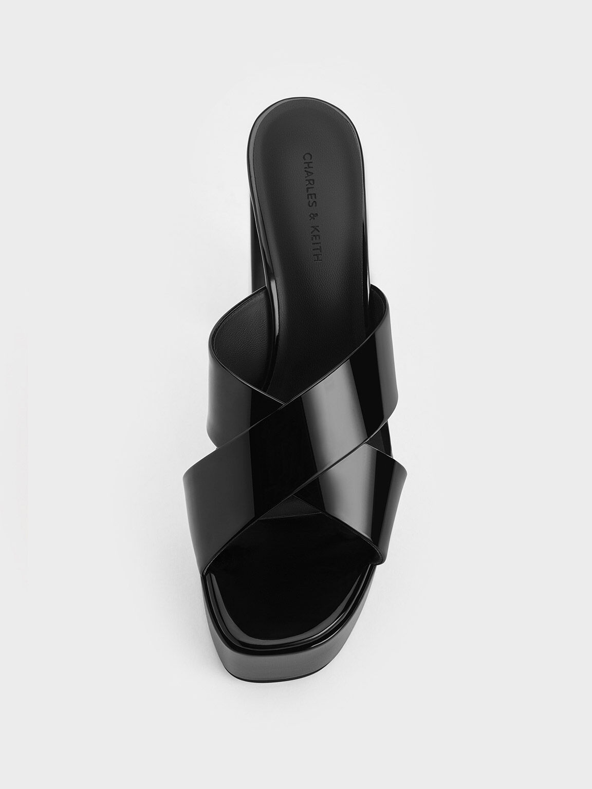 Sepatu Platform Mules Crossover Strap Patent, Black Patent, hi-res
