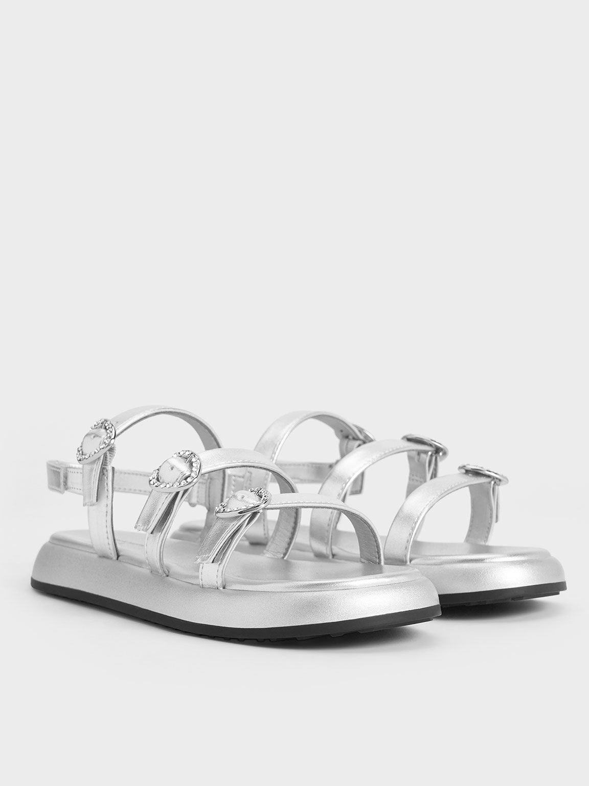 Sandal Strappy Girls' Heart-Embellished Patent, Silver, hi-res