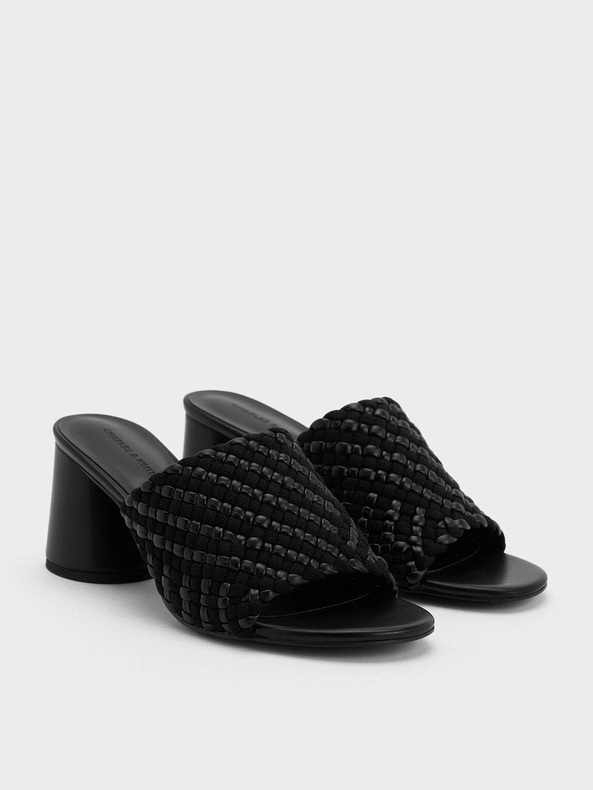 Sepatu Mules Block Heel Interwoven Canvas, Black, hi-res