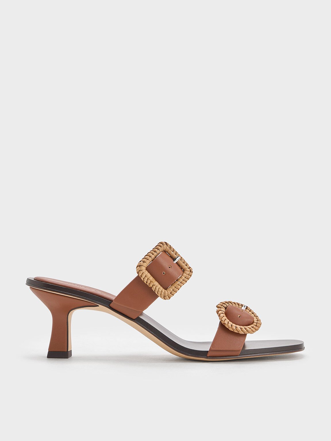 Sepatu Heeled Mules Woven-Buckle, Brown, hi-res