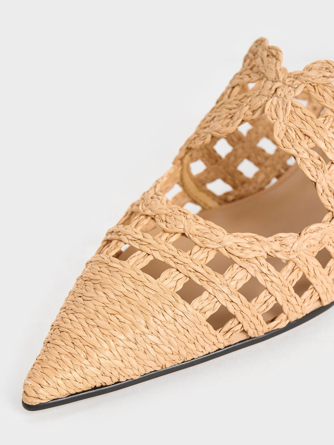 Sepatu Mules Pointed-Toe Kitten-Heel Raffia, Sand, hi-res