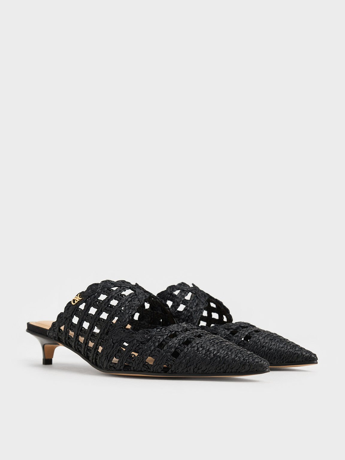 Raffia Kitten-Heel Pointed-Toe Mules, Black Textured, hi-res