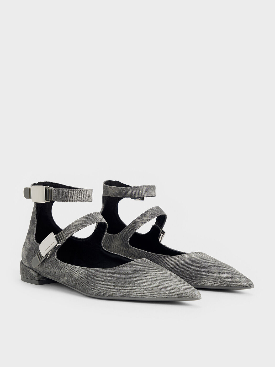 Robbie Denim-Effect Pointed-Toe Mary Jane Flats, Dark Grey, hi-res