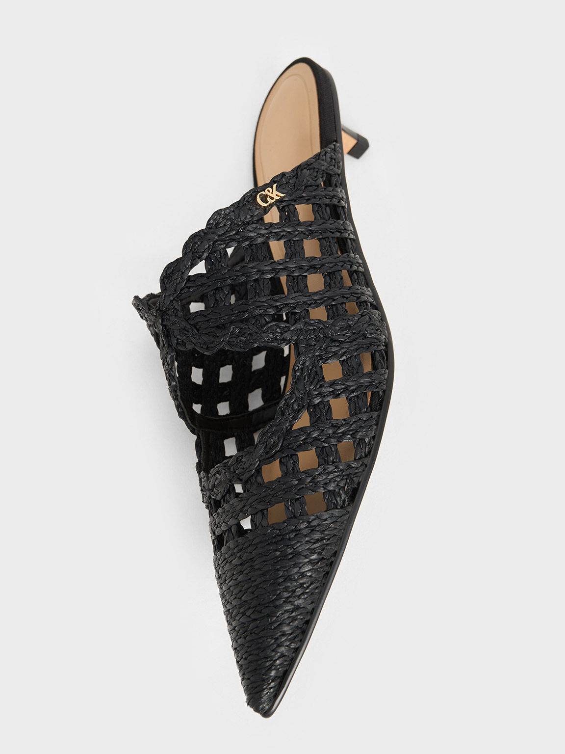 Sepatu Mules Pointed-Toe Kitten-Heel Raffia, Black Textured, hi-res
