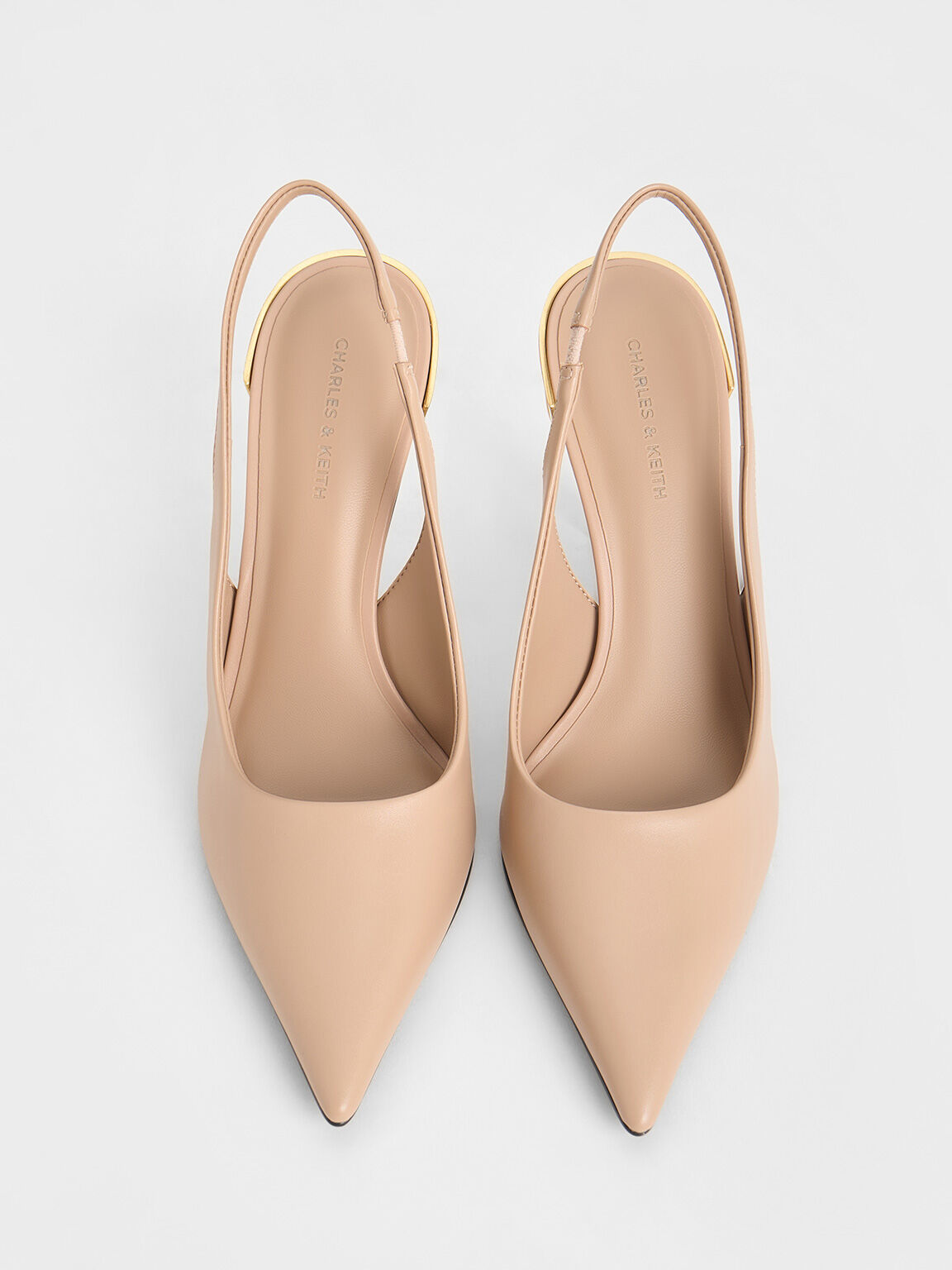 Sepatu Slingback Pumps Pointed-Toe Metallic-Heel, Nude, hi-res