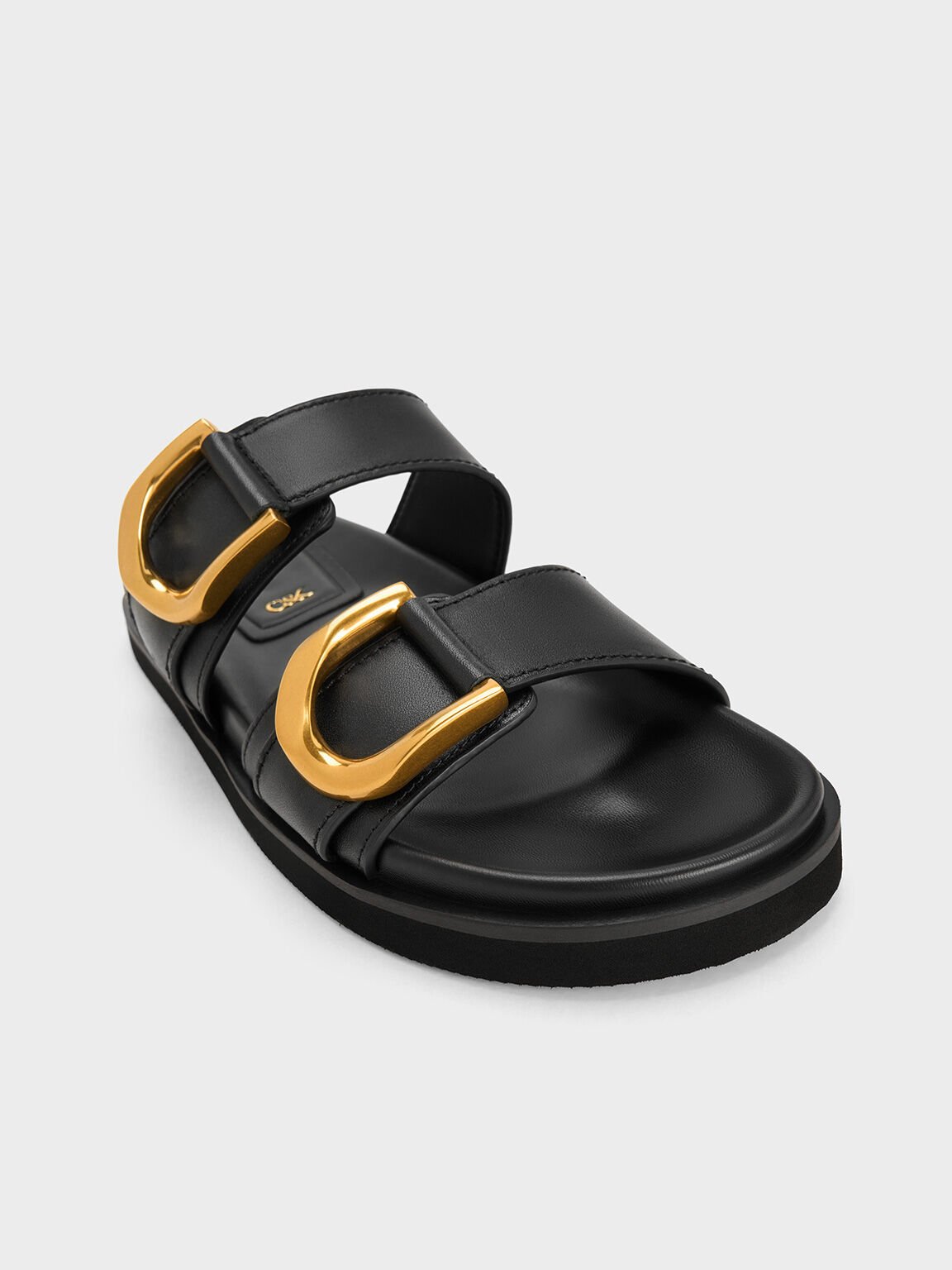 Sandal Slides Buckled Leather Gabine, Black, hi-res