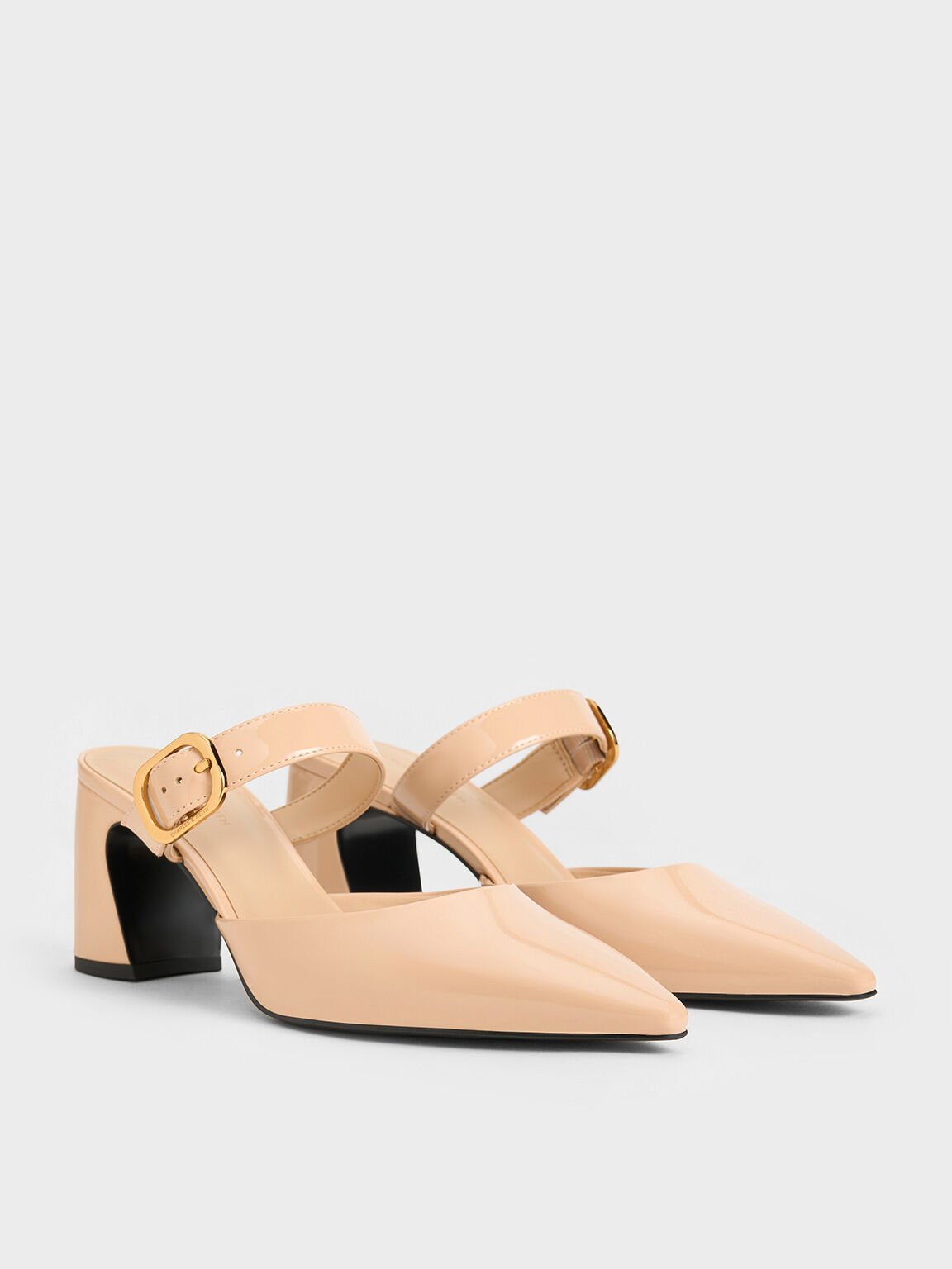 Sepatu Heeled Mules Mary Jane Pointed-Toe Patent, Nude, hi-res