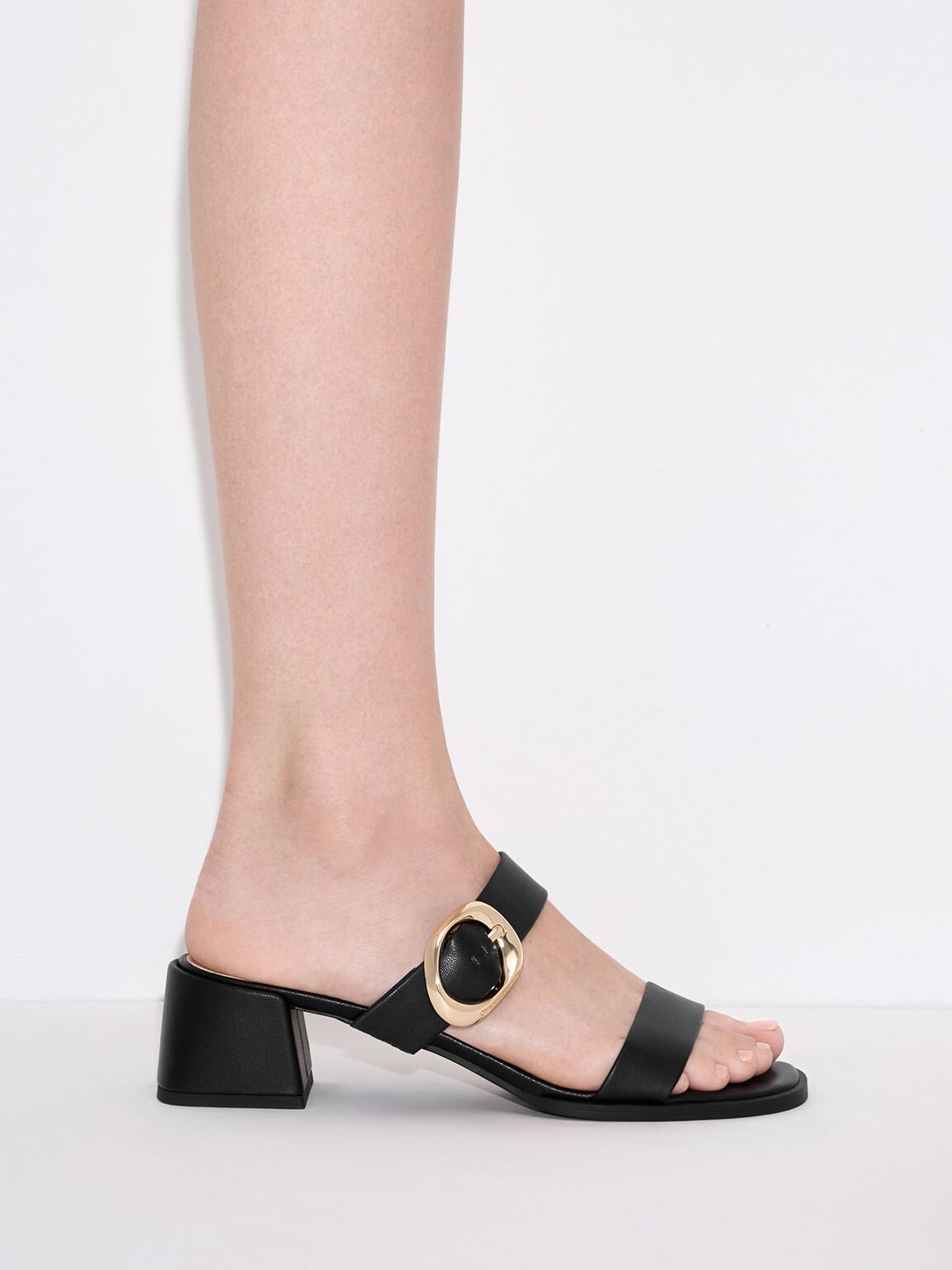Oval Buckle-Accent Trapeze-Heel Mules, Black, hi-res