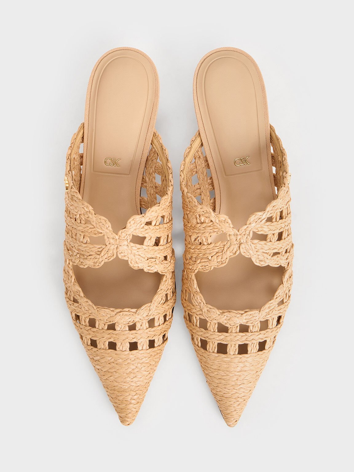 Sepatu Mules Pointed-Toe Kitten-Heel Raffia, Sand, hi-res