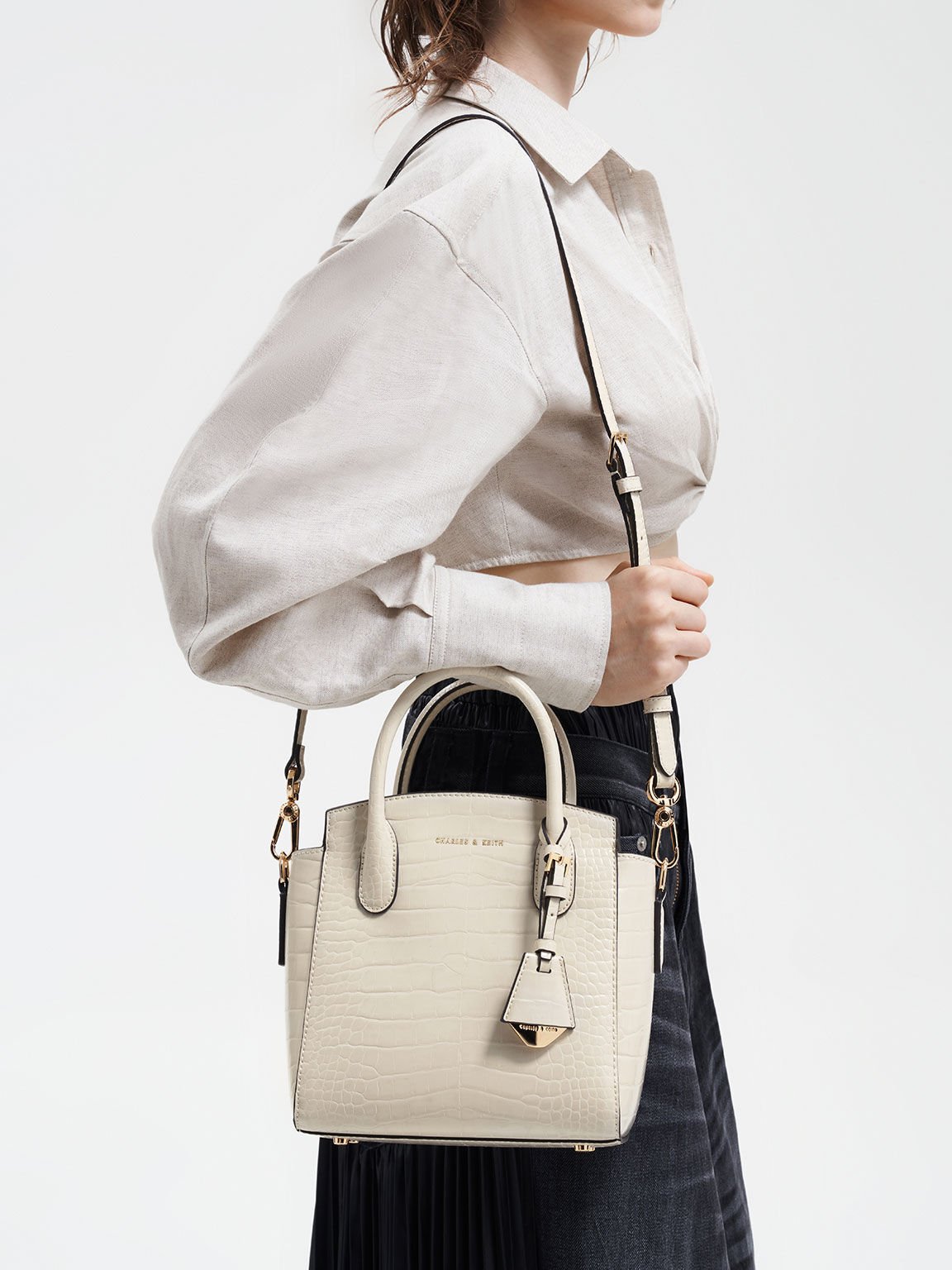 Tote Bag Trapeze Croc-Effect, Ivory, hi-res