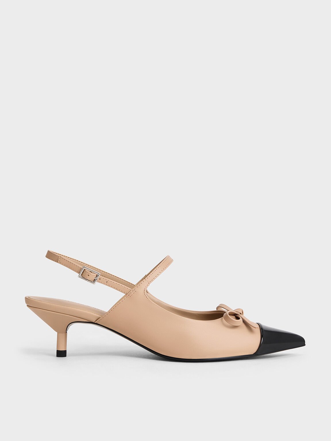 Sepatu Slingback Pumps Kitten-Heel Cap-Toe Bow, Nude, hi-res