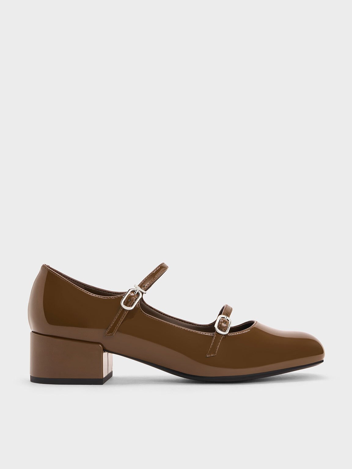 Sepatu Mary Janes Block-Heel Double-Strap, Brown, hi-res