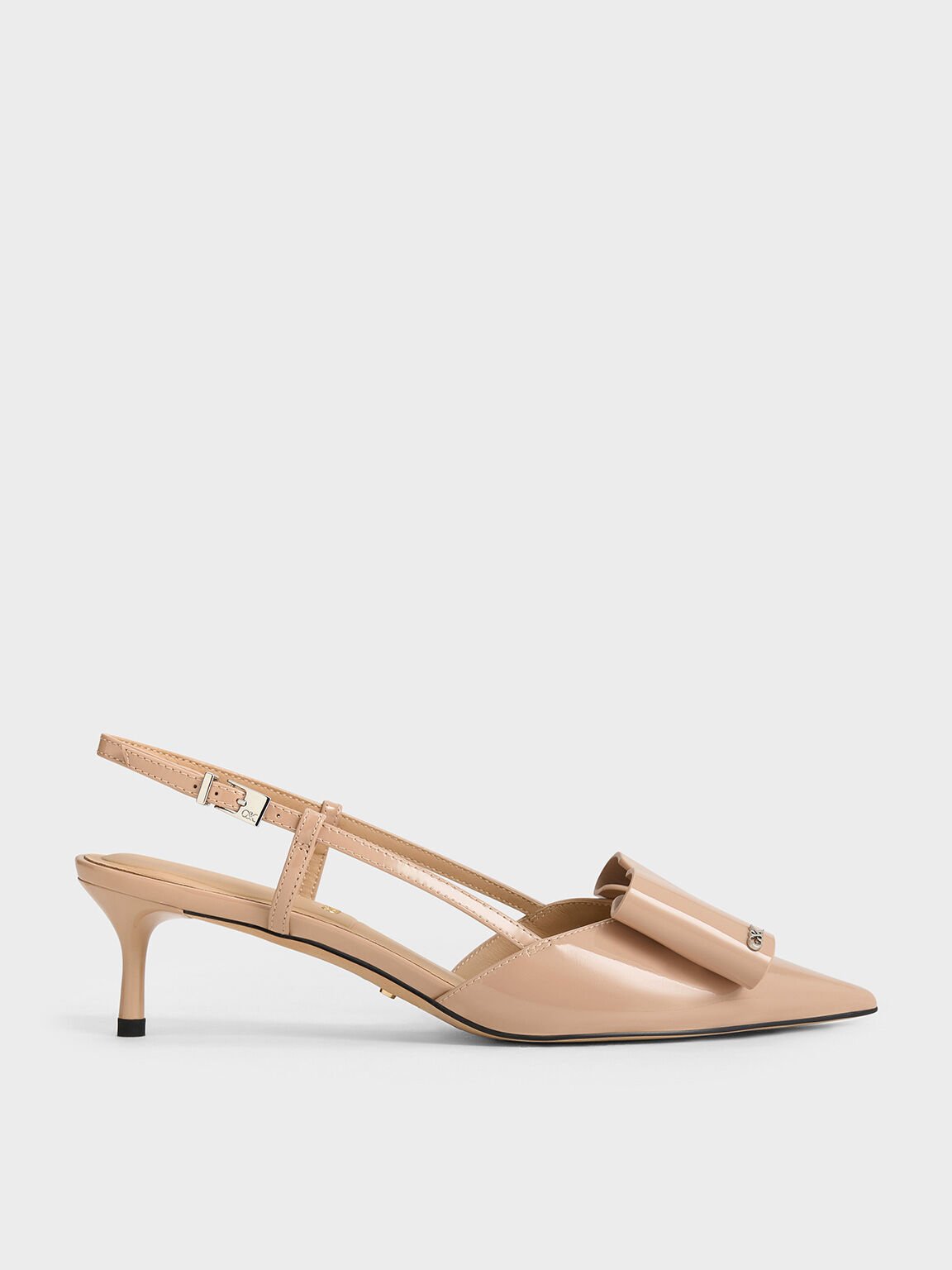 Sepatu Slingback Pumps Leather Bow Lu Patent, Nude, hi-res