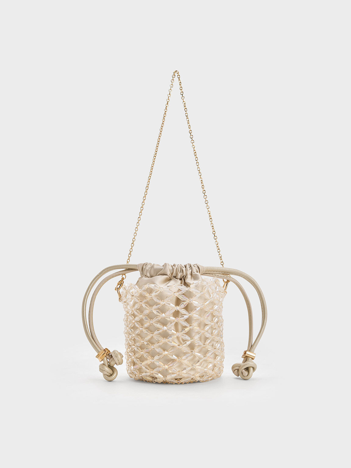 Beaded Chain-Handle Bucket Bag, Champagne, hi-res