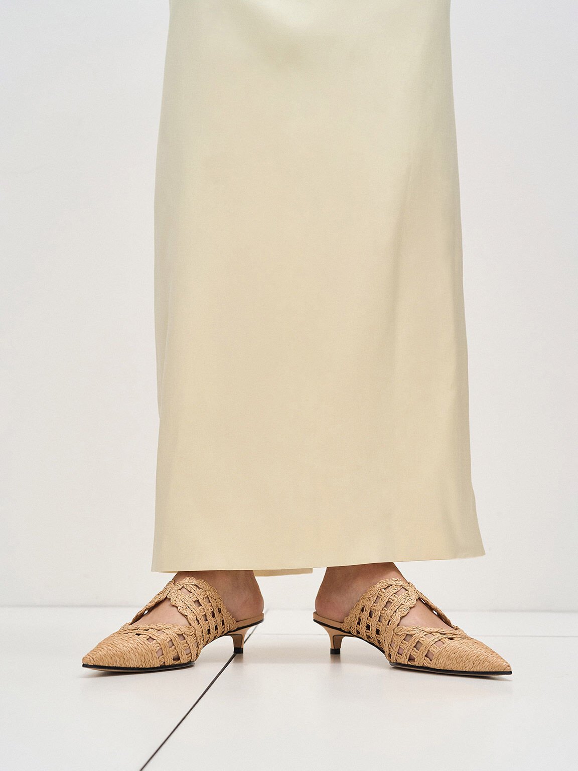 Raffia Kitten-Heel Pointed-Toe Mules, Sand, hi-res