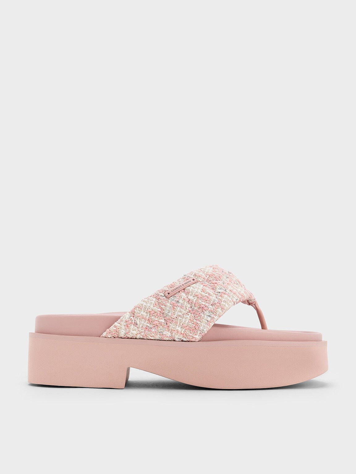 Tweed V-Strap Platform Thong Sandals, Light Pink, hi-res