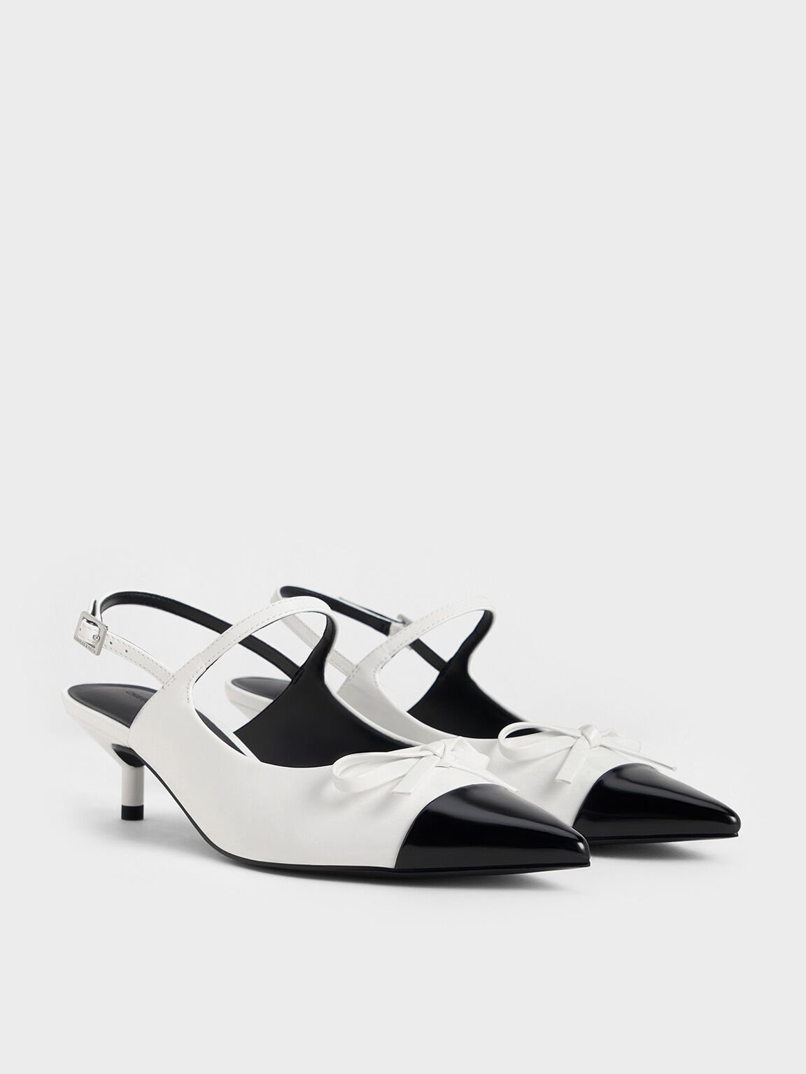 Sepatu Slingback Pumps Kitten-Heel Cap-Toe Bow, White, hi-res