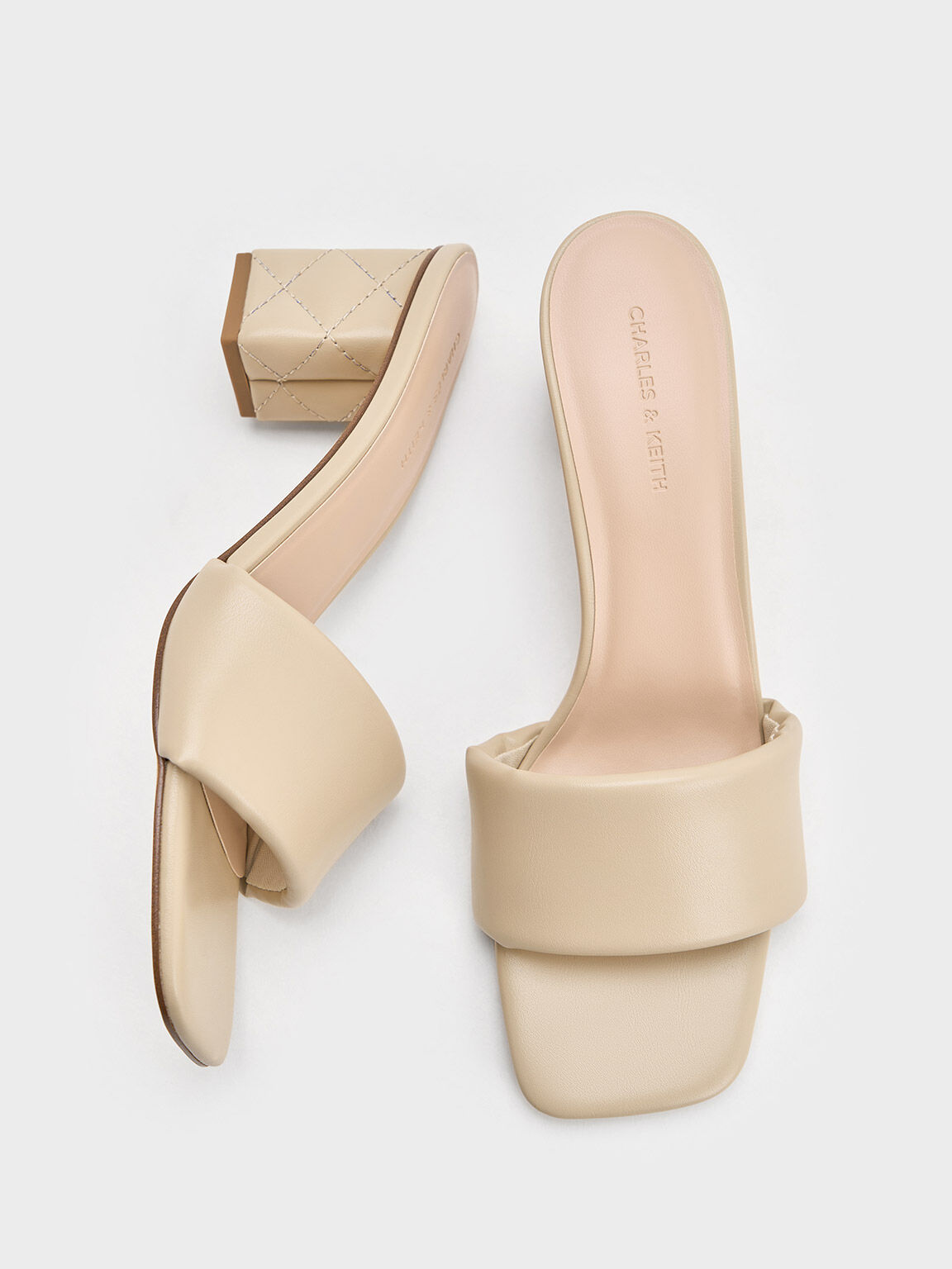 Puffy-Strap Quilted-Heel Mules, Taupe, hi-res